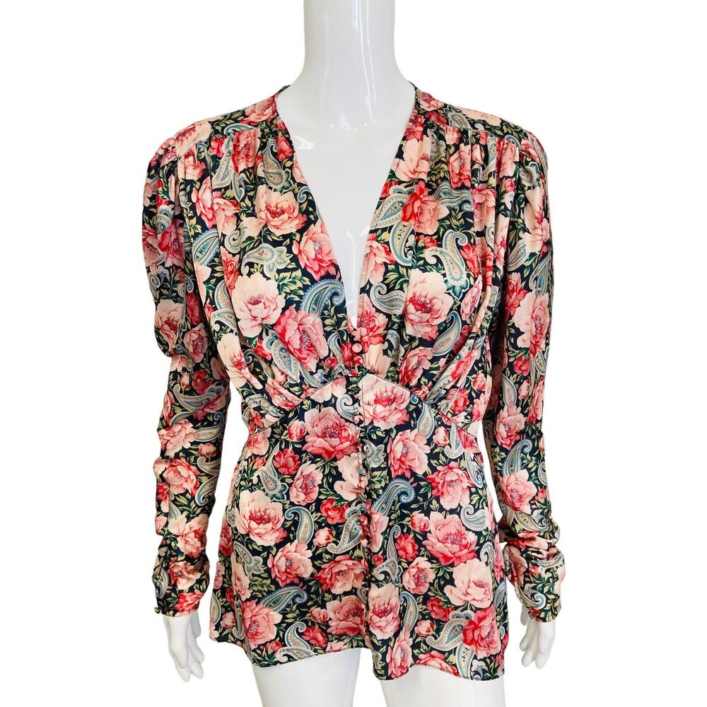 PACO RABANNE Floral Satin Printed Gathered V-Neck Blouse Top Size 42 US 10
